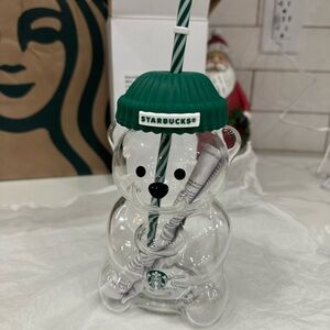Starbucks Green Bear Glass Tumbler with Straw